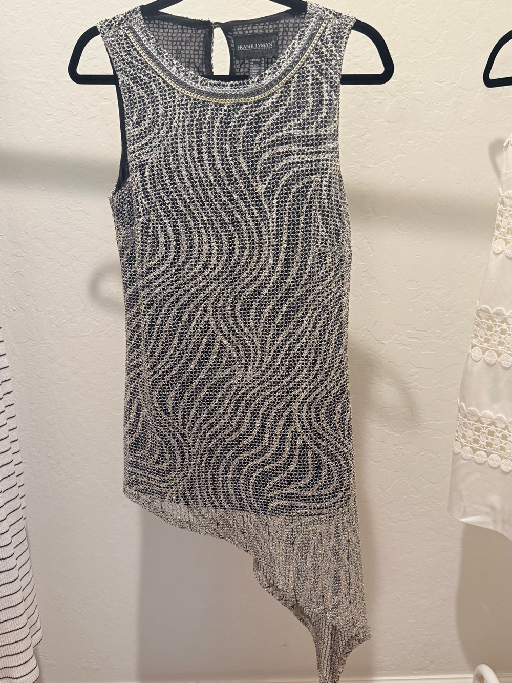 Frank Lyman Design Black & Silver Beaded Asymmetric Cocktail Dress